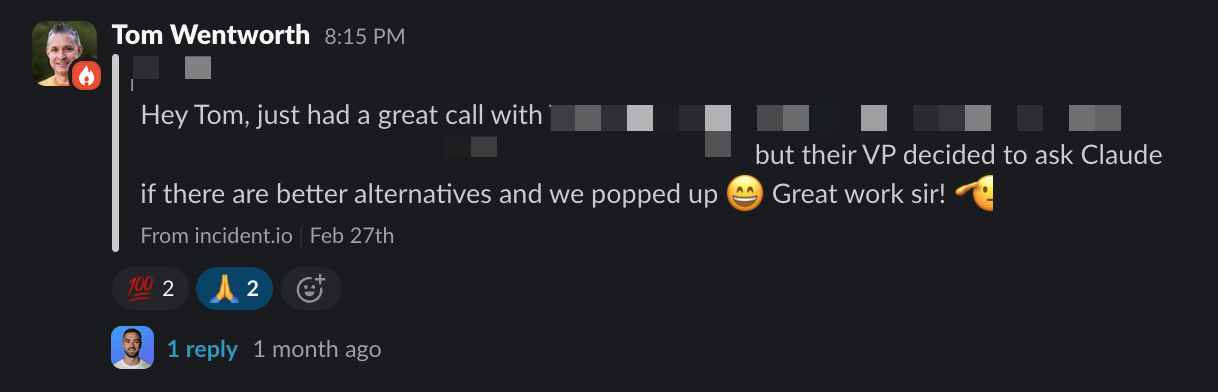 Slack message showing a VP discovered incident.io through Claude AI